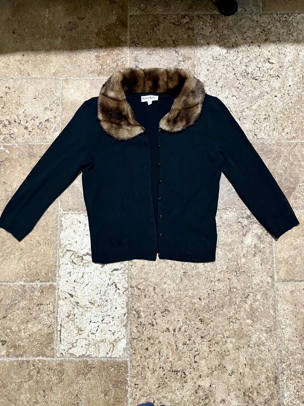 Vintage Y2K Bebe Black Faux Fur Collar Fitted Cardigan XS